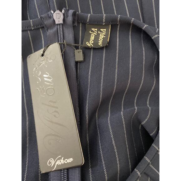 NWT Vfshow Vfemage Size M Navy Striped Sheath Dress Front Zip Dark Academia - Picture 5 of 7